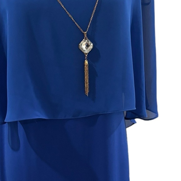 Royal Blue Sleeveless Dress with attached Pendant & Sheer Draping Cape-size 14 - Picture 3 of 10
